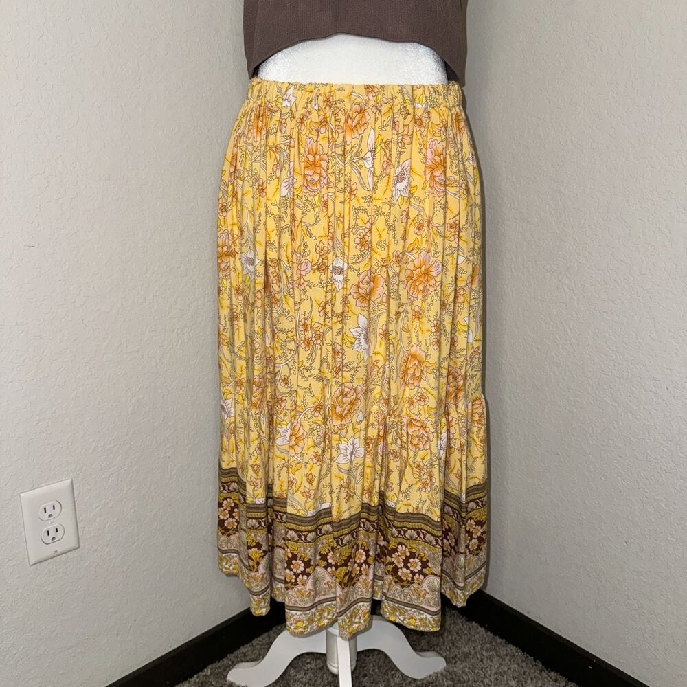 Maxi Skirt Women’s M Yellow Brown Floral Print 100% Rayon Elastic Waist Bohemian